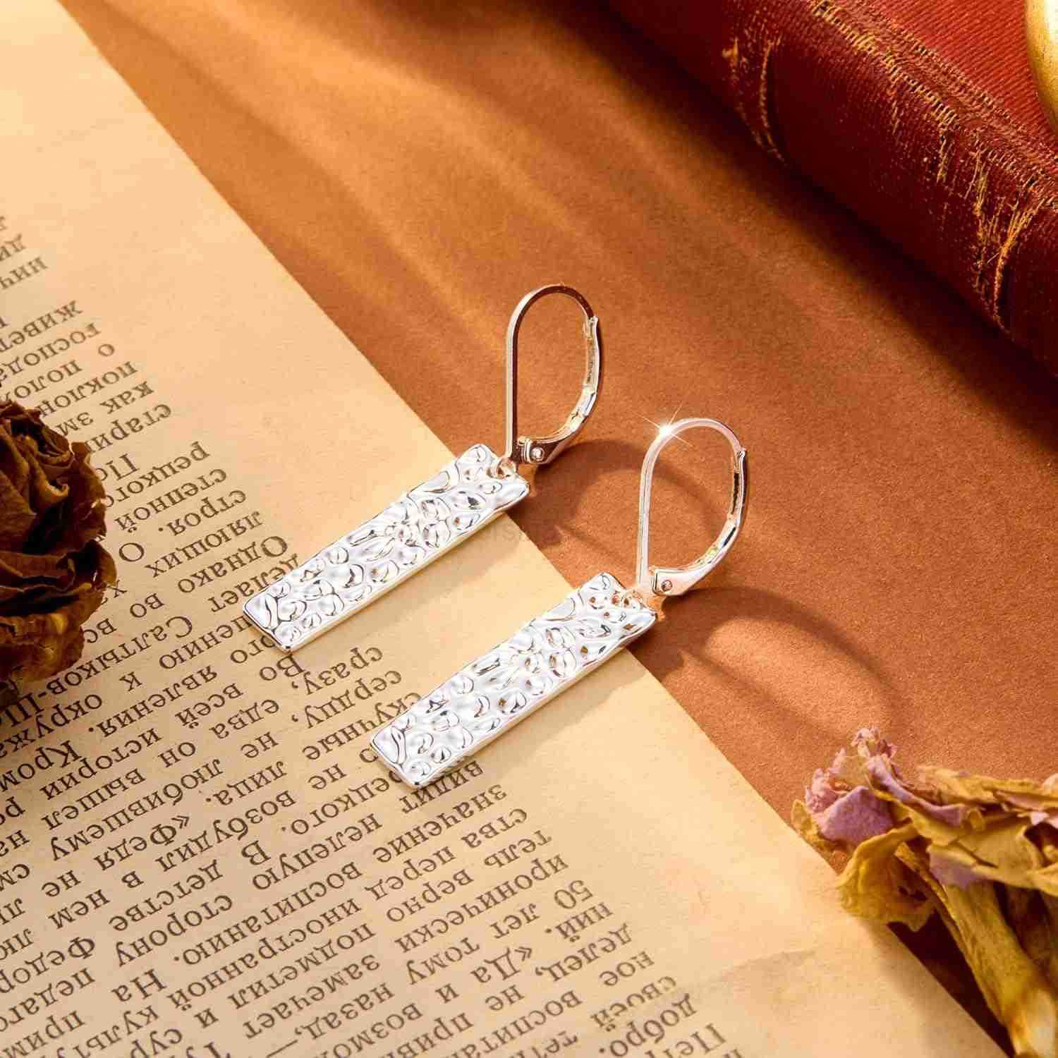 925 Sterling Silver Dangle Earrings for Women 14K Gold Plated French Leverback Earrings Hypoallergenic Lightweight Statement Hammer Square Bar Long Dr