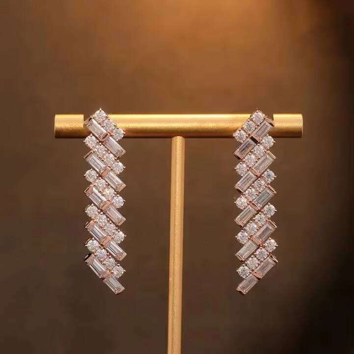 Women's Rose Gold Dangle Drop Earrings Baguette Round Moissanite Wedding Jewelry with Gift Box