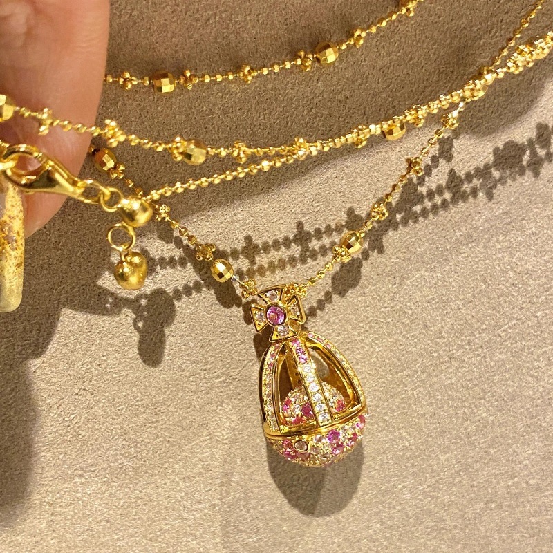 Luxury Brand Designer Jewelry French Style Light Luxury Retro Peach Pink Small Egg Necklace Flip Cover Full Diamond Exquisite Versatile High-Value Col