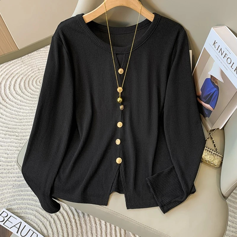 ZJAISS Women Plus Size Sweater Autumn Winter ONeck HollowOut SingleBreasted Pullovers Split Hem Knit LongSleeve Top 250911