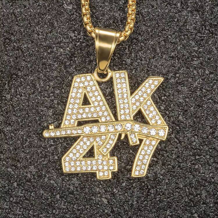 Marlary Hand Made Gold Plated Stainless Steel Full ZIrcon AK47 Bling Pendant Necklace