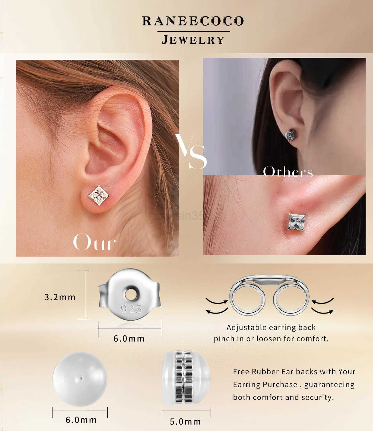 18K Gold Plated Sterling Silver Princess Cut Cubic Zirconia Stud Earrings for men womenW250911