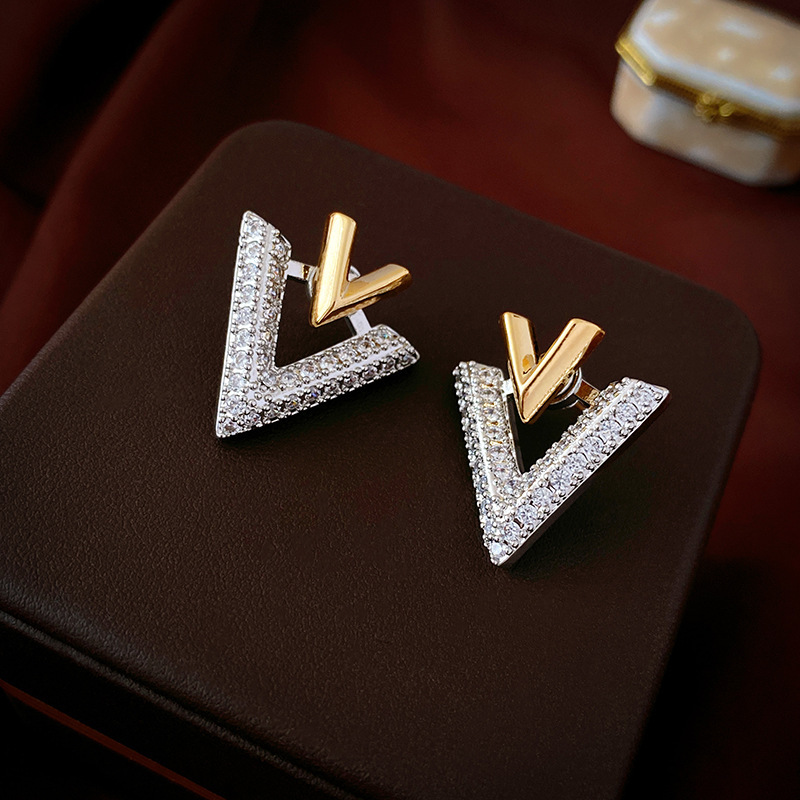 Luxury Brand Designer Jewelry Real Gold Plated Silver Needle Zircon Letter Two-Way Earrings Korean Light Luxury Stud Earrings Niche Versatile High-End