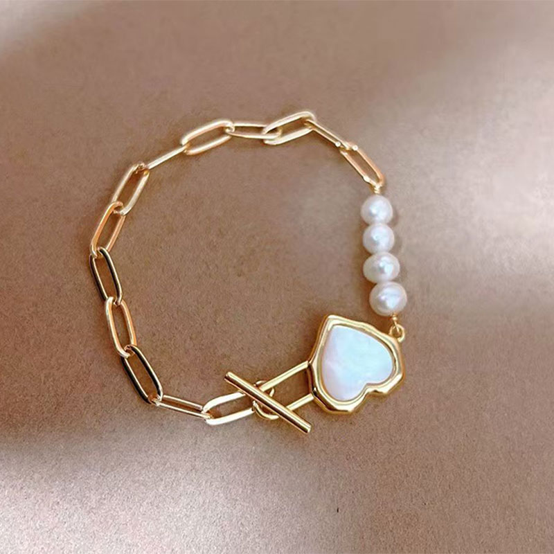 yeyipearl Heart OT Clasp Pearl Bracelet, Gold Plated with Mother of Pearl Charm, Dainty Adjustable Stainless Steel Jewelry for Women, Romantic Daily W