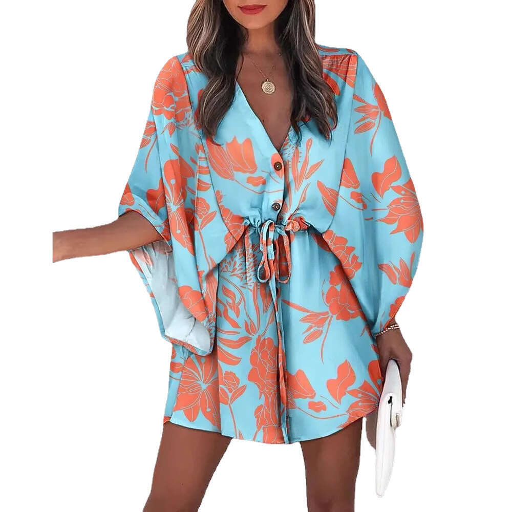 2025 Cross-Border European and American Summer Flutter Sleeve A-Line V-Neck Tie Casual Vacation Short Dress