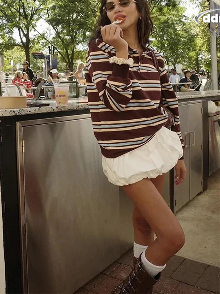 Women's T Shirts Fashion Stripe T-shirt Casual Long Sleeve Female All Match Polo Shirt 2025 Spring Ladies Loose Tops High Street TUES