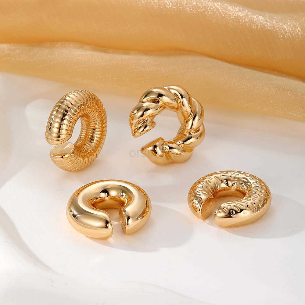 4 Pcs Chunky Ear Cuffs Non Piercing for Women 14K Gold Plated Clip On Cartilage Hoop Earrings Jewelry GiftsW250911