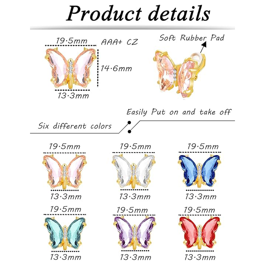6 Pairs Butterfly Shape Crystal Clip on Earrings Non Pierced Stud Multicolored CZ Earrings for Women Gold Tone