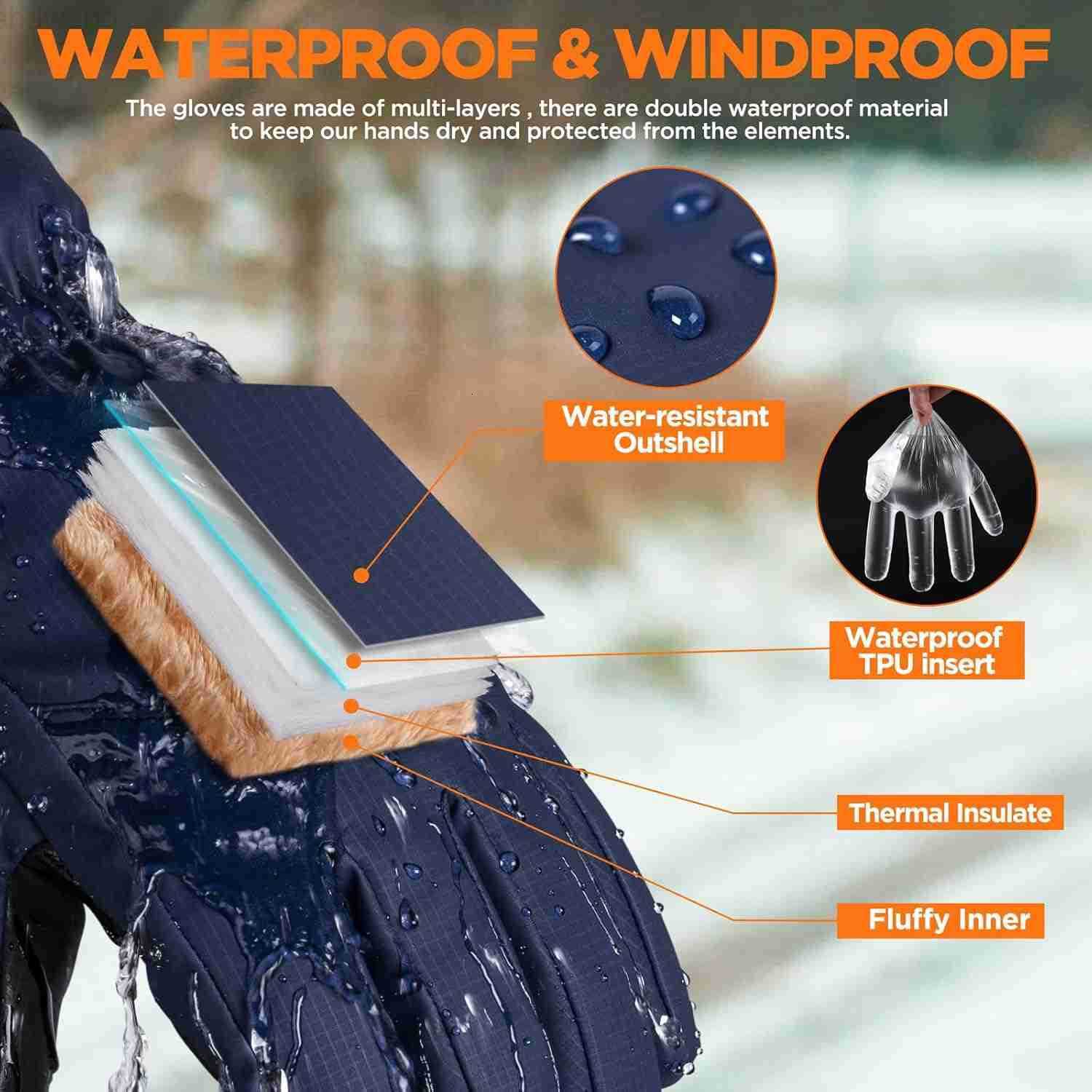 Winter Waterproof Ski Snow Warm Gloves for Women Men Windproof Cold Weather Thermal with Touchscreen Fingers for Running Driving Cycling Hiking Biking