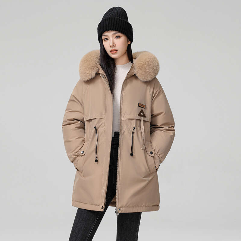 New Women's Korean Version Versatile Mid-Length Jacket Winter Fleece Cotton Coat with Large Fur Collar