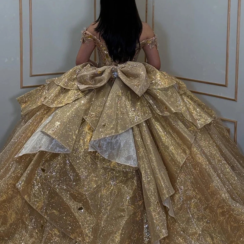 Gold Shiny Off The Shoulder Quinceanera Dresses Ball Gown Beading Crystal Bow Party Birthday Sweet 16 Dress Vestidos De 15 Anos