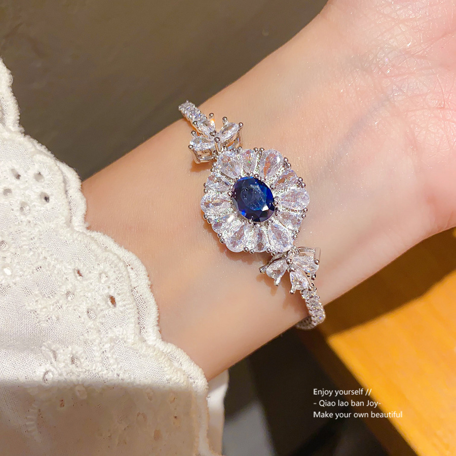 Silver - Toned Bracelet With Blue Oval Crystal, Surrounding Clear Crystal Flower Design Delicate Daily & Elegant Jewelry Gift For Her High - Quality A