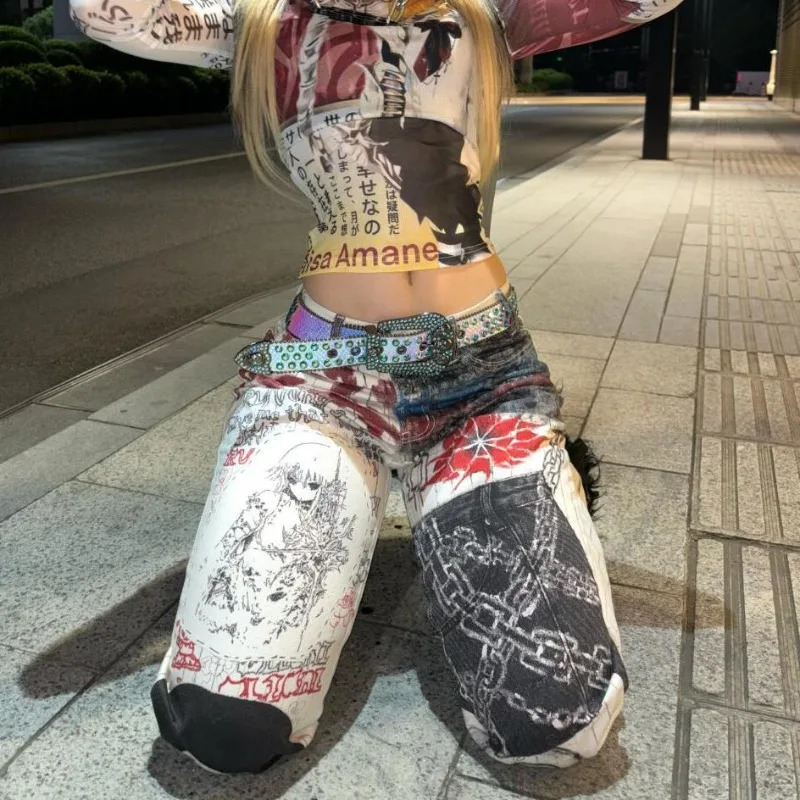 Y2K High Street Retro Graffiti Printed Baggy Jeans Women Streetwear Hip Hop Loose Japanese Millennium Casual Straight 250911