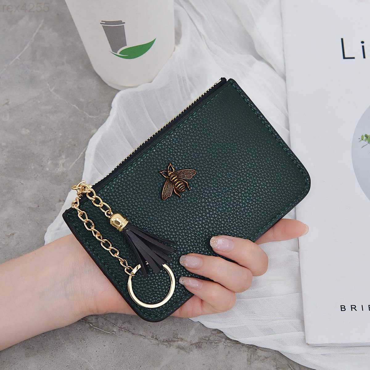 Coin Purse Change Wallet Pouch Leather Card Holder with Key Chain Tassel ZipBurgundyW250911