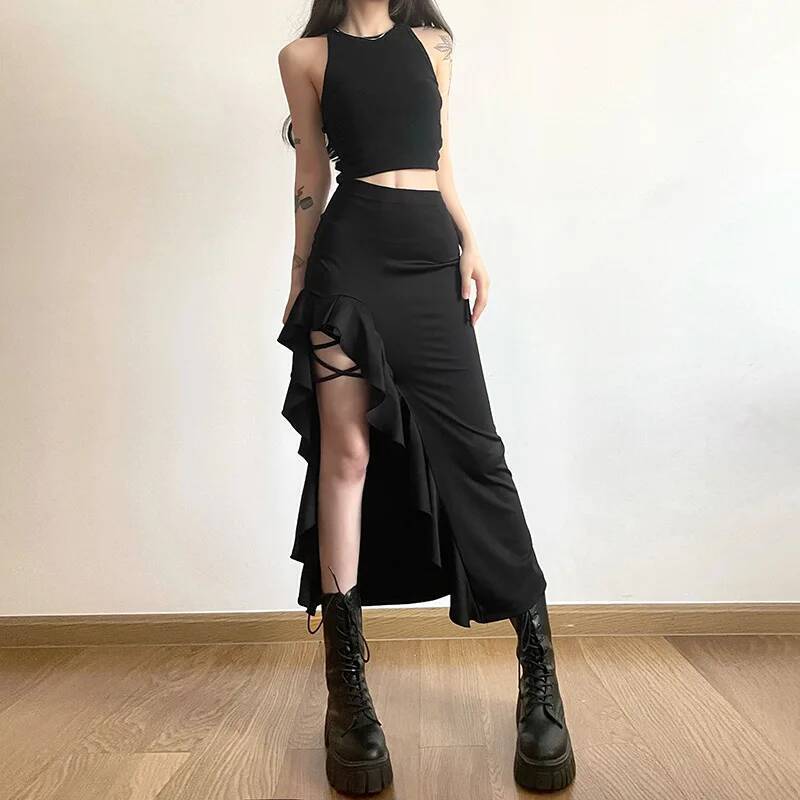 Nibber All-match Commuter Casual Young Girl Summer New Black Cross Simple Sexy Cool Breathable Soft Women's Knit Split Skirt dongdumaoyi