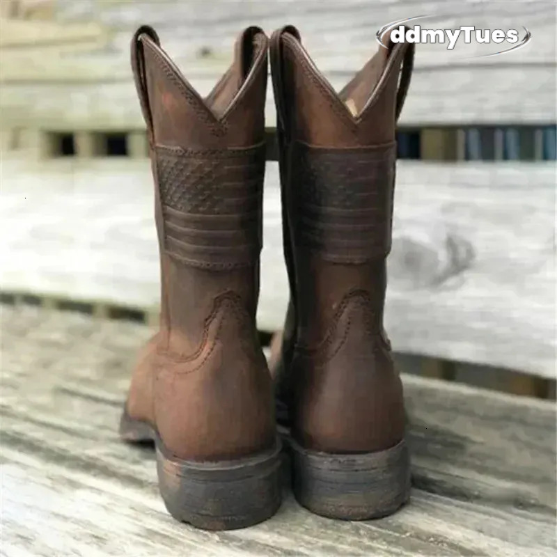 Men Square Toe Thick Heel Mid-Tube Knight Retro Distressed Western Vintage Flag Shoes Leather Boots 240612 241118 TUES