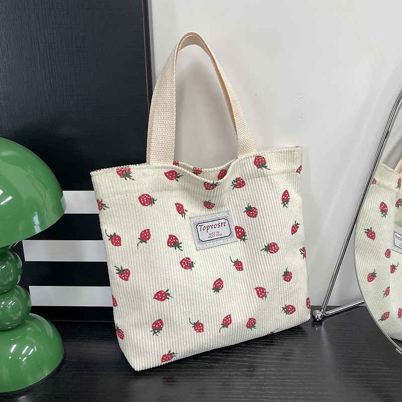 2025 Japanese Luxury Designer Bag Bag Style Cartoon Cute Strawberry Print Free Shipping Handbag Corduroy Outdoor Portable Storage Bag Commuting Lunch 