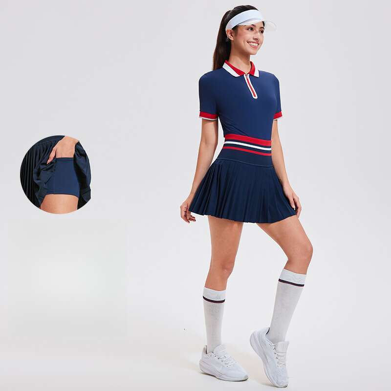 Cross-Border New Sports Top Women Summer Polo Collar Quick-Dry Breathable Running Fiess Skirt Tennis Outfit Set