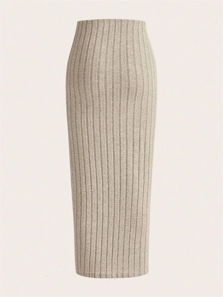 Casual Solid Color Ribbed Knit Pencil Women Autumn Spring High Waist Elegant Slim Fit Long Skirt Streetwear dongdumaoyi