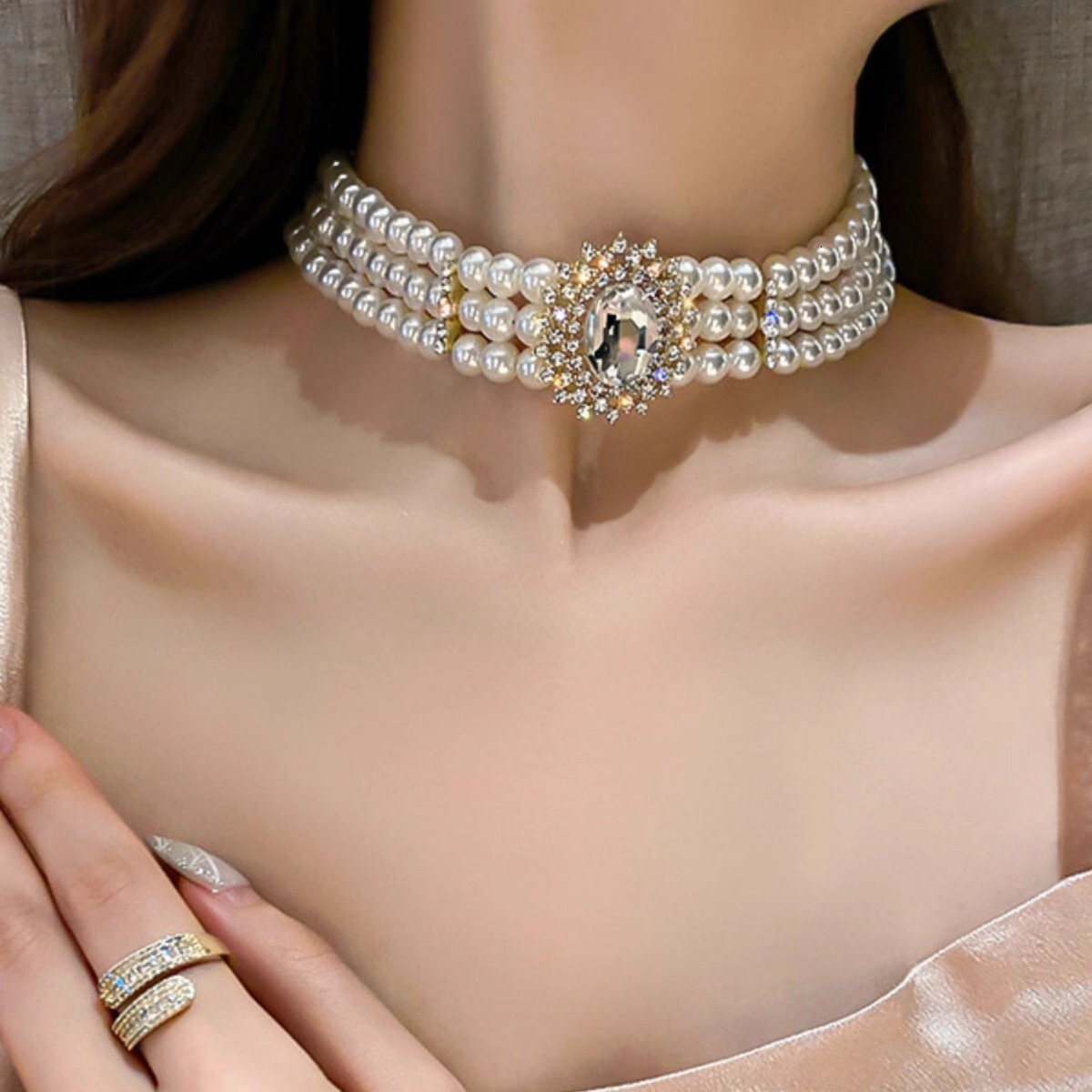 Luxury Brand Designer Jewelry Artificial Crystal Inlaid Diamond Multi-Row Artificial Pearl Necklace European And American Exaggerated Elegant Short Ch