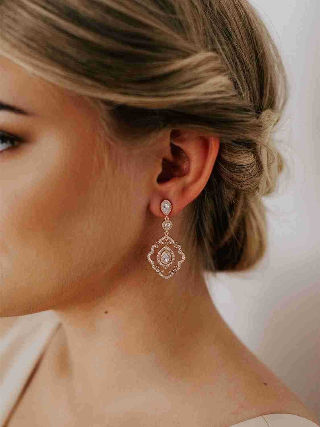 Wedding Earrings Rose Gold Bridal Earrings for Women BridesArt Deco Drop Dangle EarringsW250911