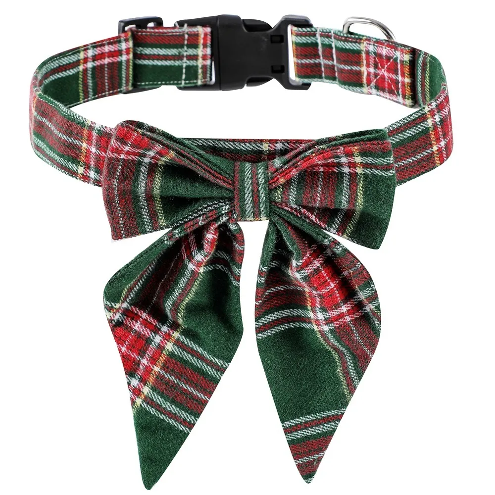 Christmas Dog Collar with Bow Adjustable Cotton Red Green Plaid Bowtie Dog Christmas Collars for Small Medium Large Dog