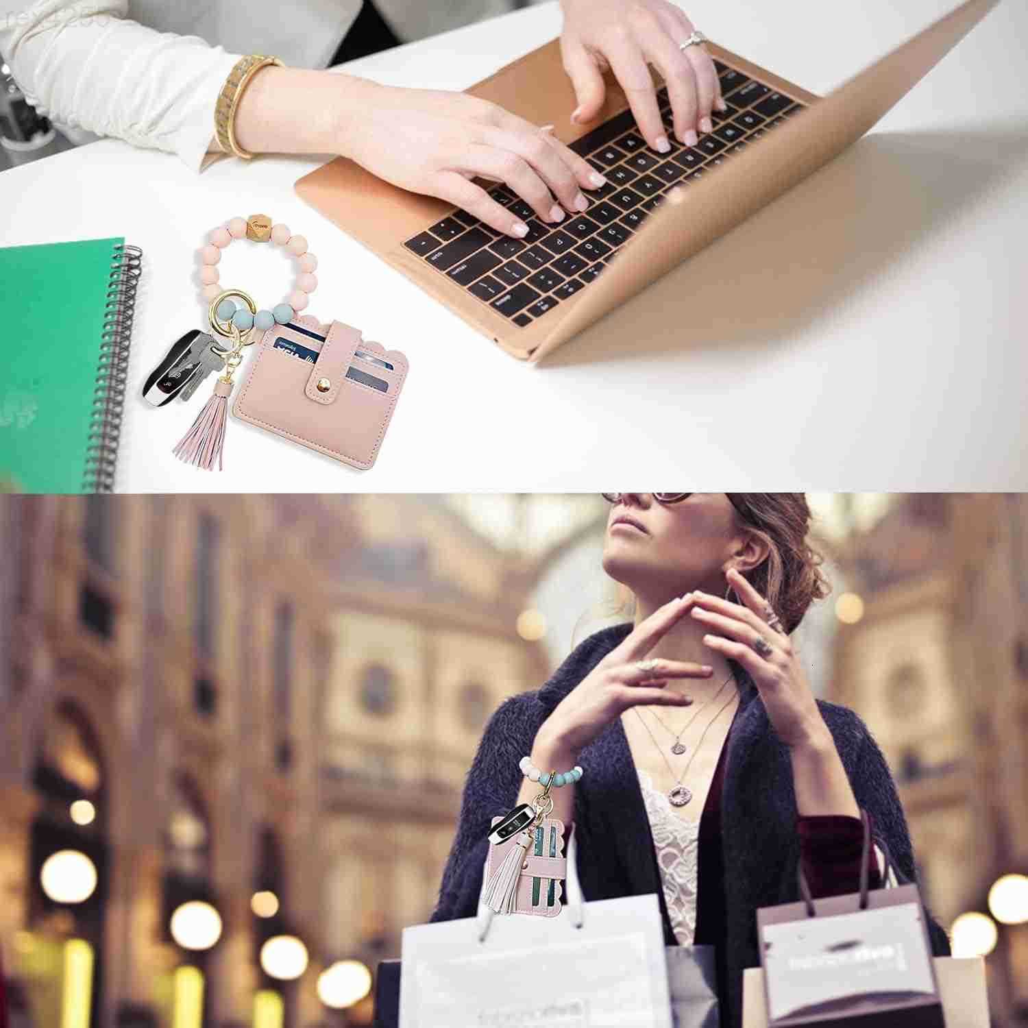 Wallet Wristlet Small Credit Card Holder Bracelet Key Chain Purse Bangle Tassel Beads Key Rings for WomenW250911