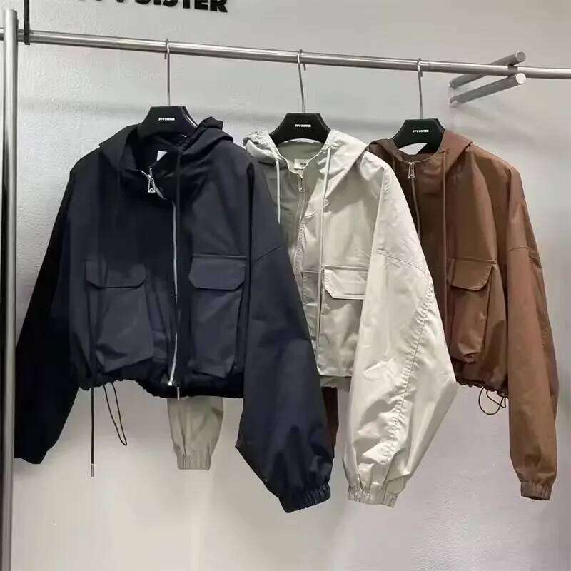 2025 Fashion Women Jacket Windbreaker Hooded Zip-Up Autumn Vintage Outwear Korean Haruku Cropped Basic Coat Streetwear