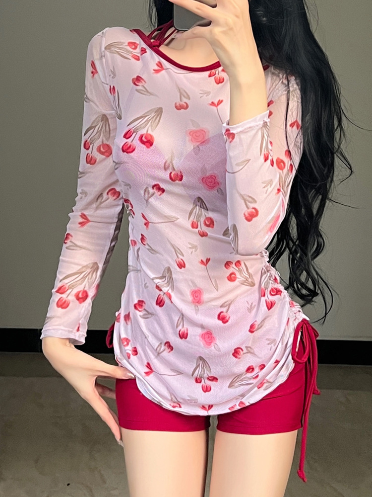 New Three-Piece Bikini for Women, Girly Pure Desire Swimsuit, Cherry Long Sleeve Sun Protection Swimsuit