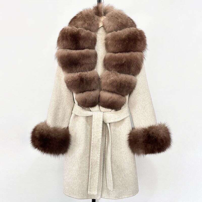 Women's Long Wool & Cashmere Coat With Real Fox Fur Collar - Double-Faced Winter Trench Coat, Slim Fit Belted Dressy Outerwear, Elegant Overcoat 
