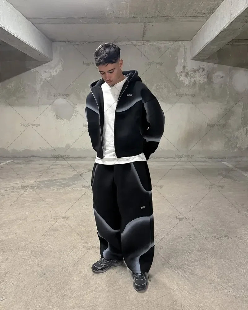 High Street Trend Streetwear Tracksuit Men Retro Harajuku Y2K Graphic Zipper Hoodie Black Casual Knitted Pants Jogger 250911