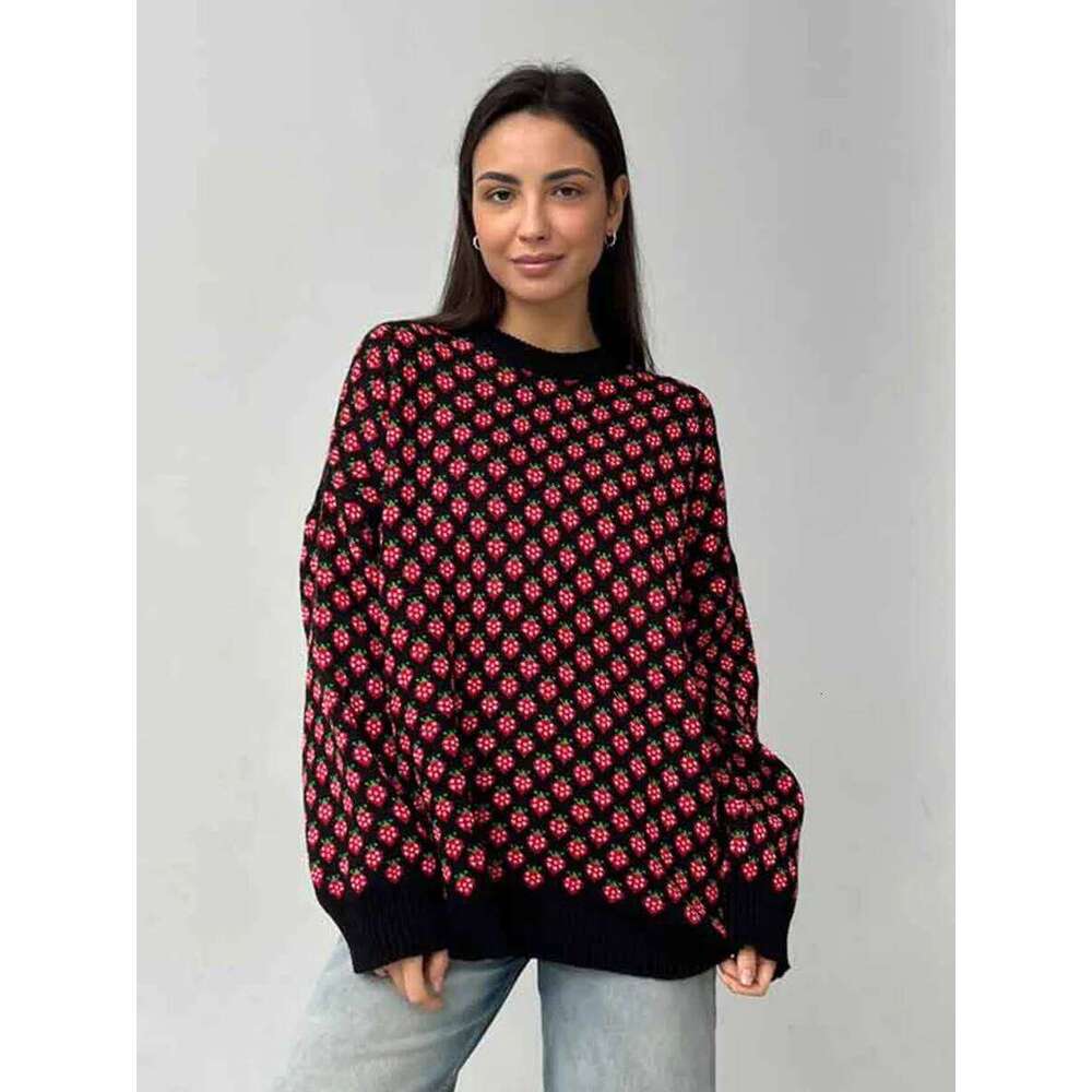 Blubelle Women's O - Neck Pullover Knit Sweater Loose Fit Soft Strawberry Print Oversized Cozy Autumn Winter Casual Pullovers