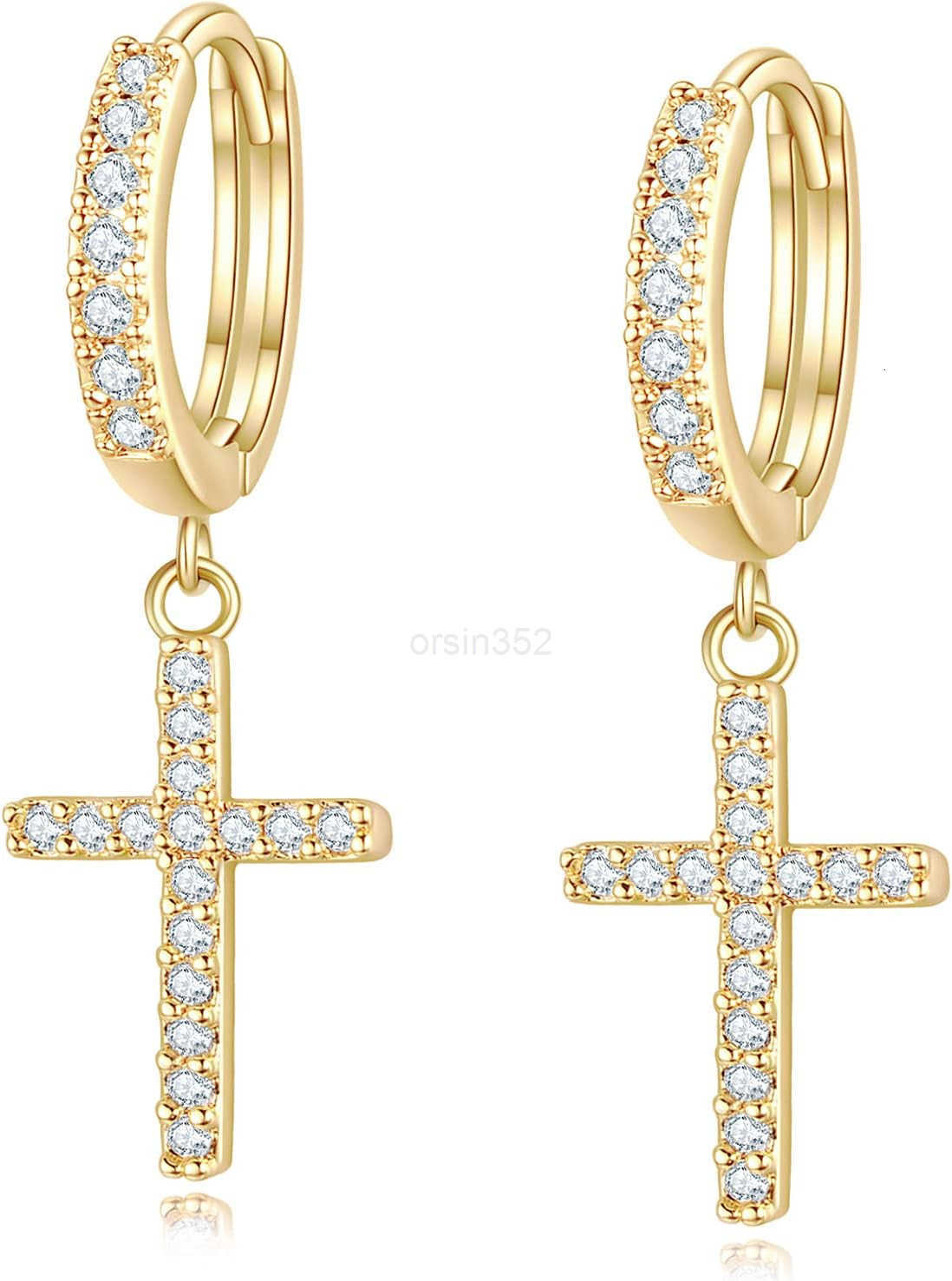14K Gold Plated Drop Dangle Cross Hoop Earrings Trendy Gold Cross Earrings for Women Small CZ Huggie Hoops Dangling Diamond Cross Earrings for Men Hyp