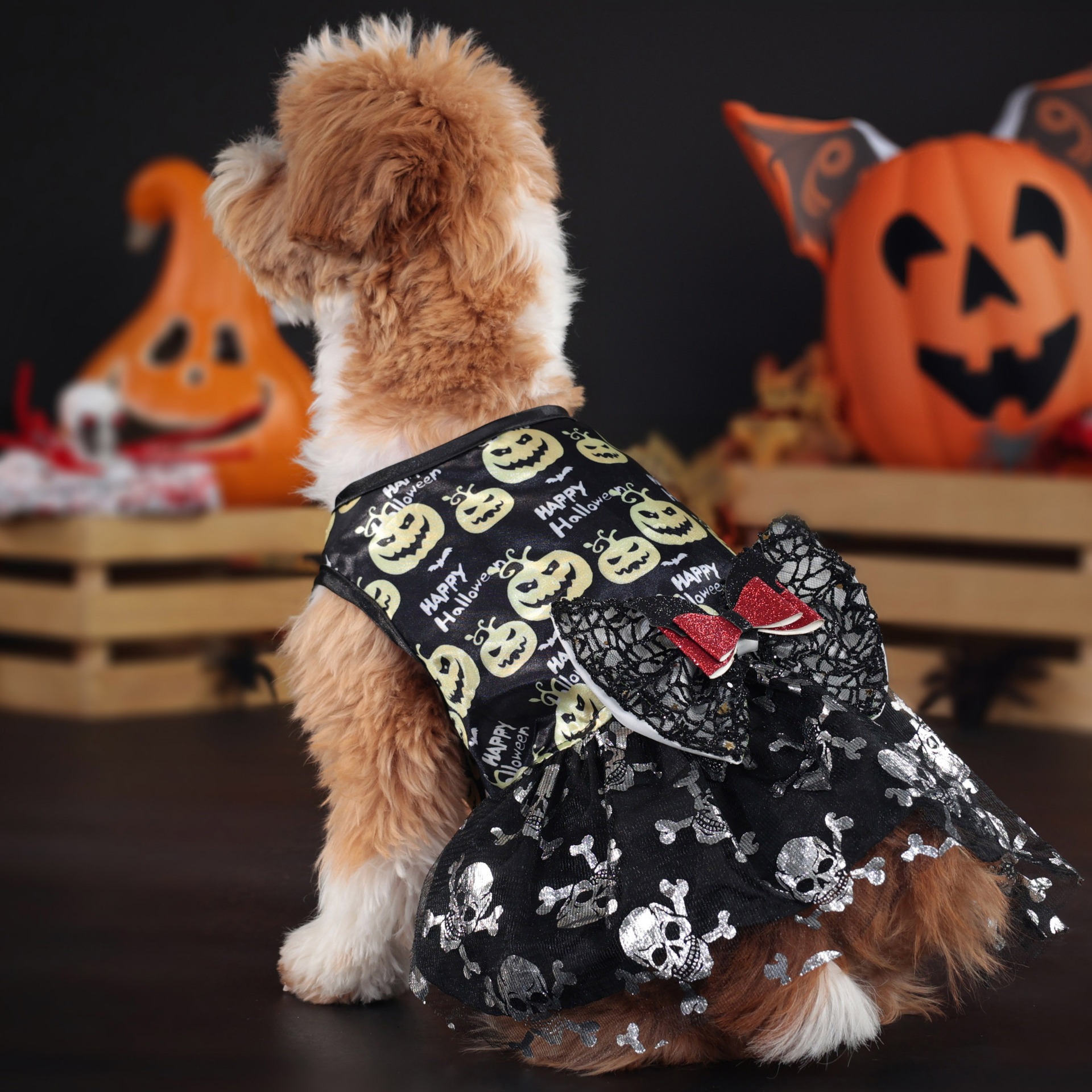Halloween Dog Dress with Pumpkin Skull Prints Mesh Skirt & Big Bowknot Festive Party Costume for Dogs 1.5-14kg Perfect for Halloween Parties Themed Ev
