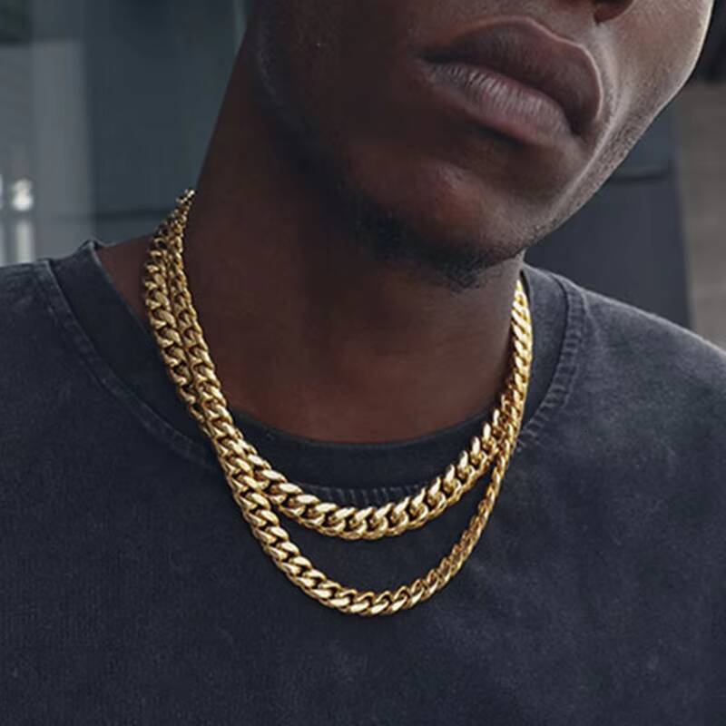HipHop Miami Thick Cuban Link Chain Stainless Steel Necklace for Men Women 18k Gold Plated Jewelry Bracelets