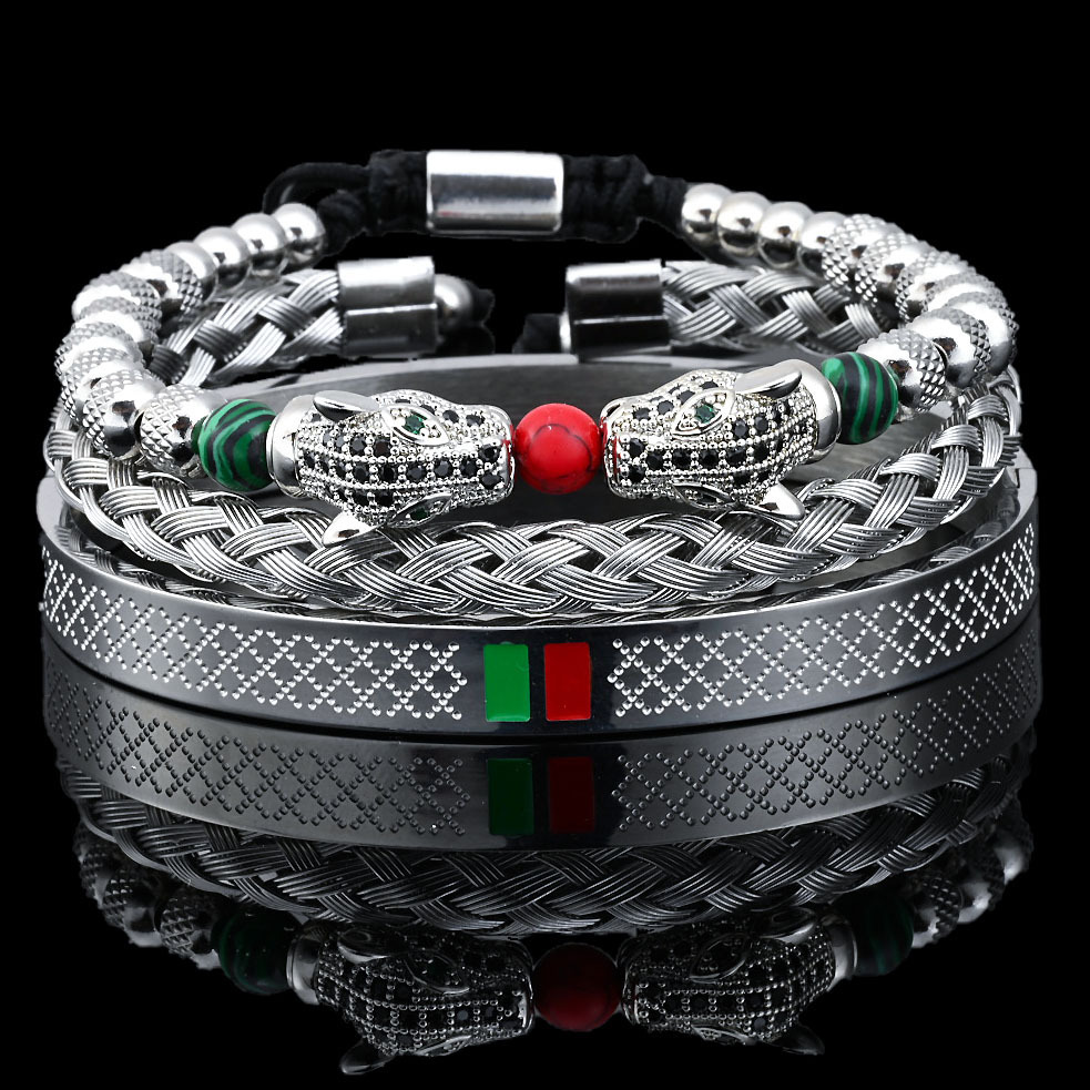 Luxury Brand Designer Jewelry Stainless Steel Double Leopard Head Natural Stone Braided Bracelet Fashion C-Shaped Titanium Steel Bracelet Set for Wome