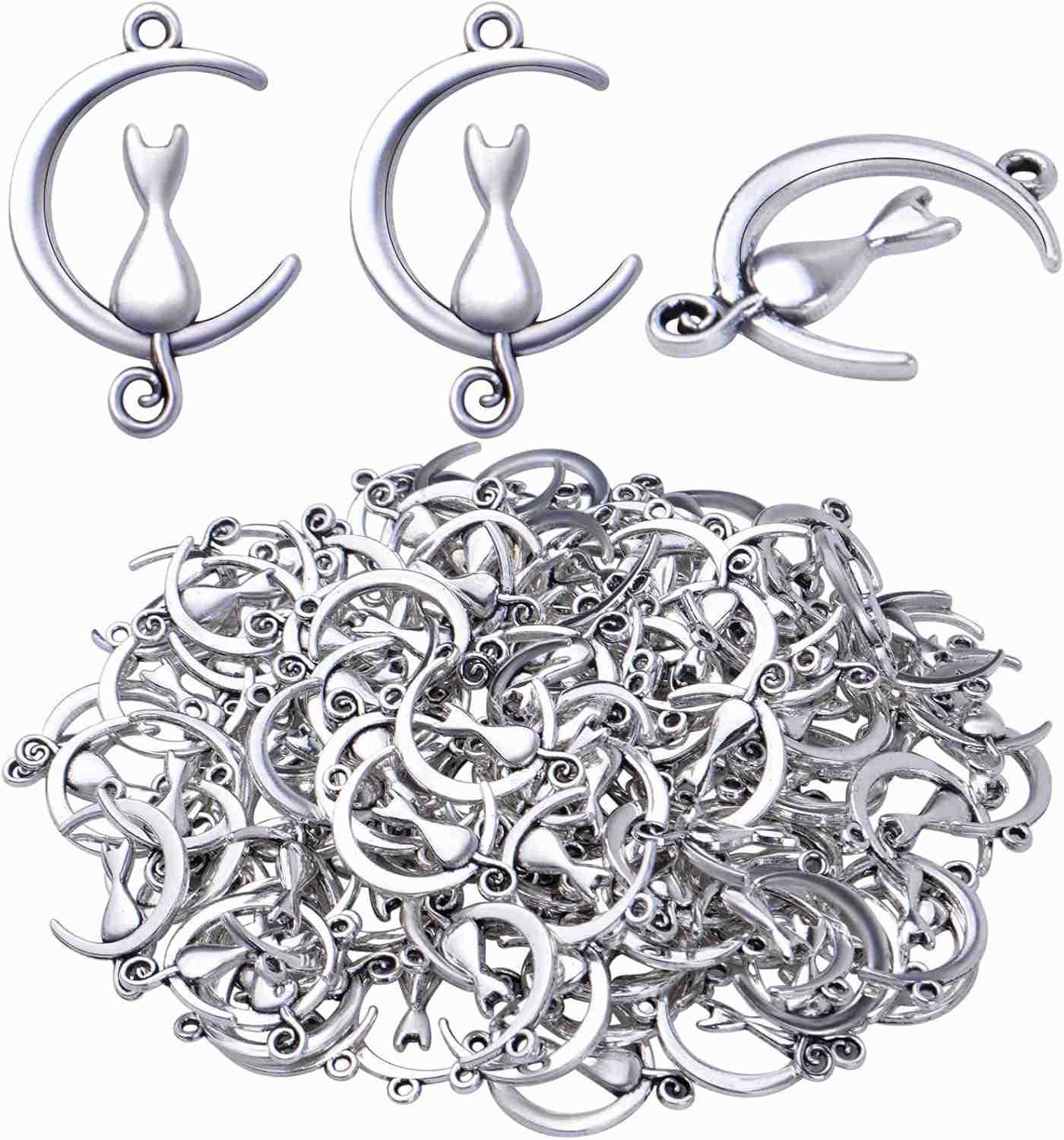 100pcs Cat in The Moon Charms Alloy Celestial Pendants Craft Supplies for DIY Earrings Necklace Jewelry Making Christmas Birthday Party Gifts 21 mm x 
