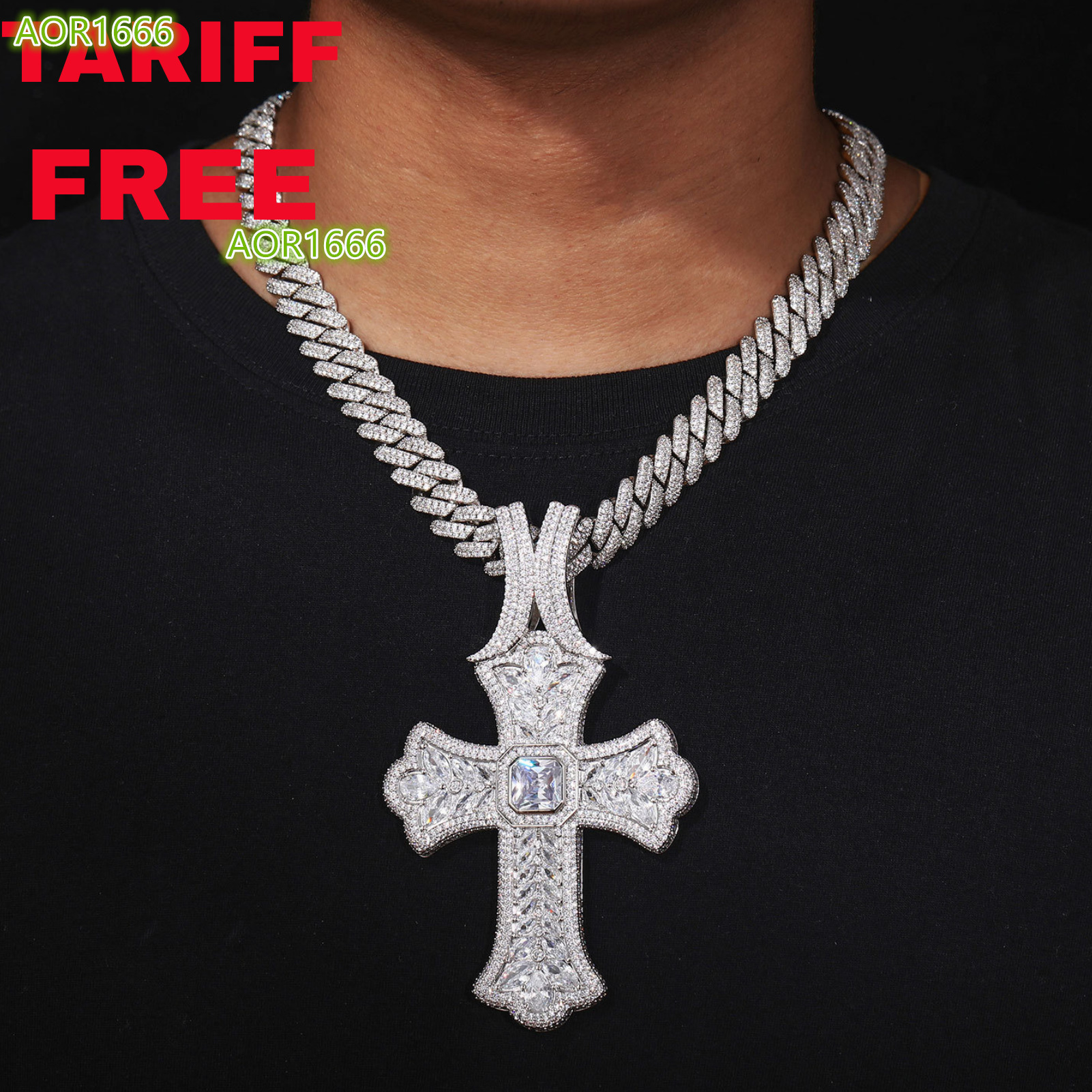 Hip Hop Style Big Cross Pendant Necklace for Men Zircon Stone Paved Silver Plated Classic Link Chain Rapper Jewelry Gift