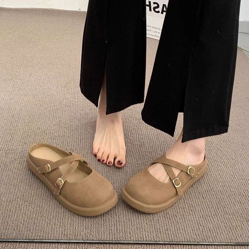 Ladies' Autumn New Designer Women's Shoes Outdoor Comfortable Flat Shoes Academy Style Versatile Style Round Head Mule Shoes