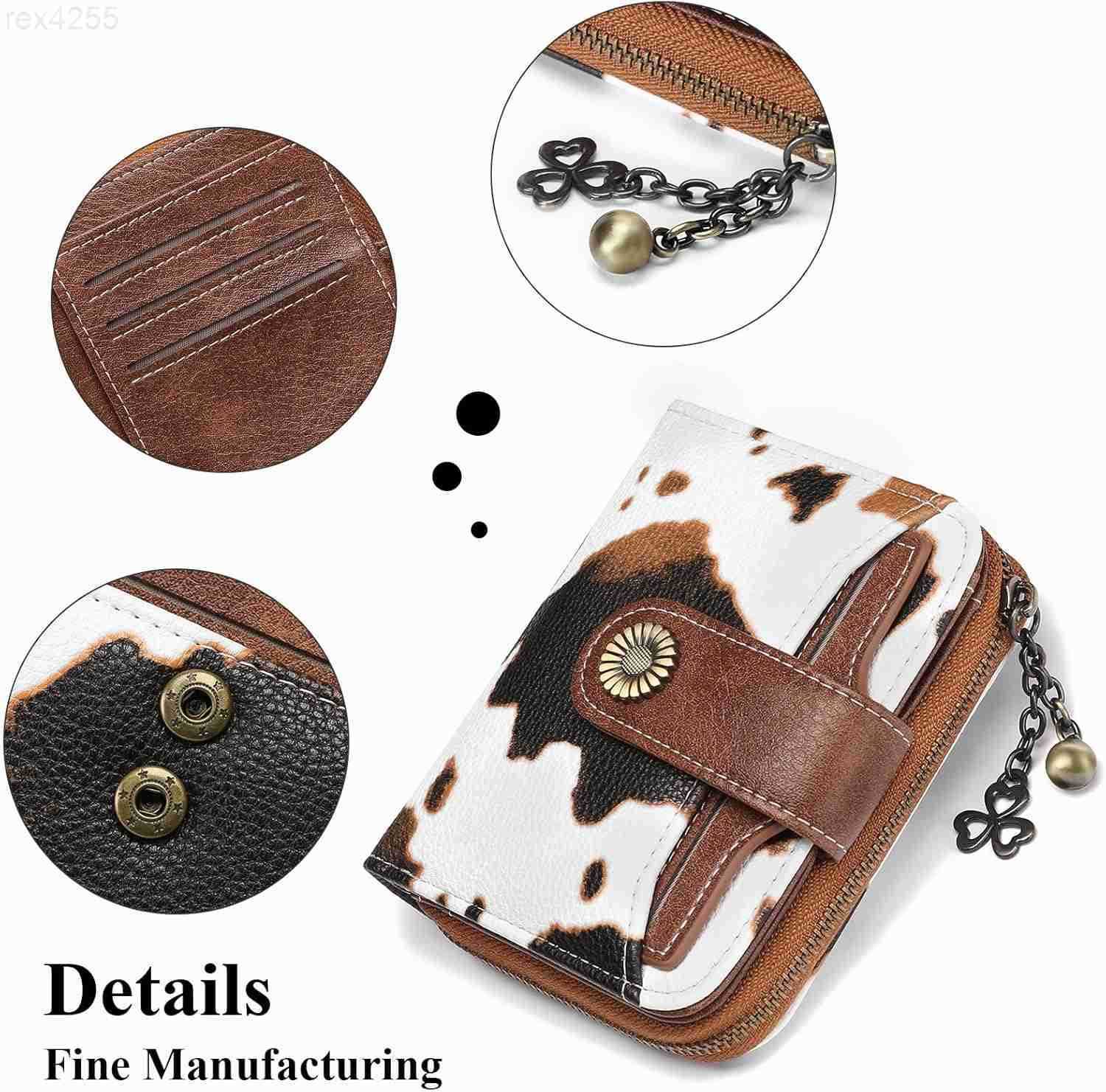 Wallet for Women Leather Small RFID Blocking Bifold Zipper Pocket Card Holder with ID Window Cow Print BrownW250911