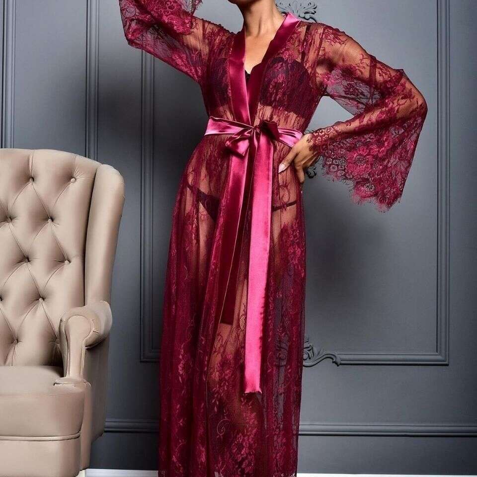 Sheer Lace Long Robe with Satin Belt-Sexy lingerie two-piece, Ideal for Romantic Evenings and Loungewear