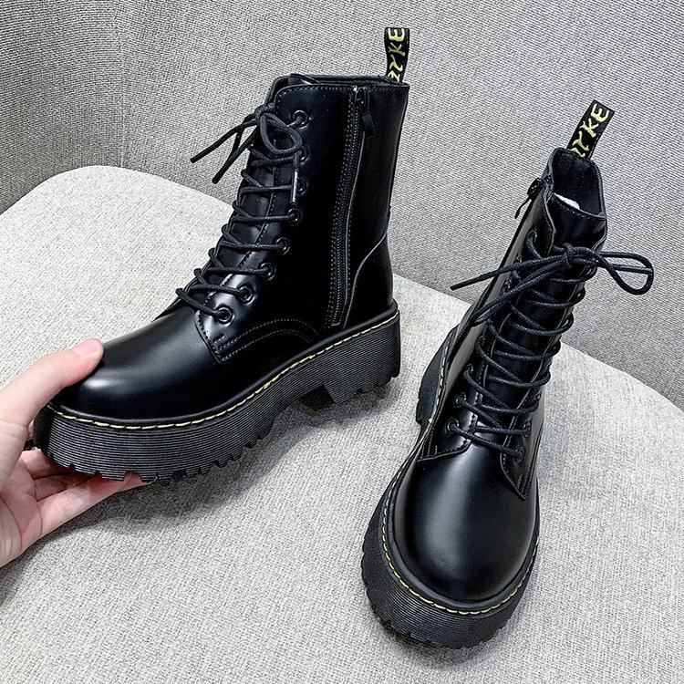 New autumn and winter designer shoes for women thick soled Martin boots, British style side zipper European and American fashionable high top lace up 
