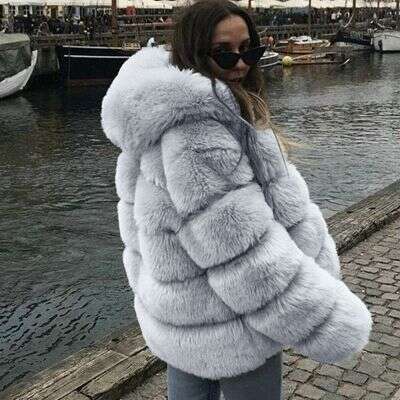 Women's Fashion Imitation Fox Fur Hooded Women's Coat Long Sleeve Cardigan