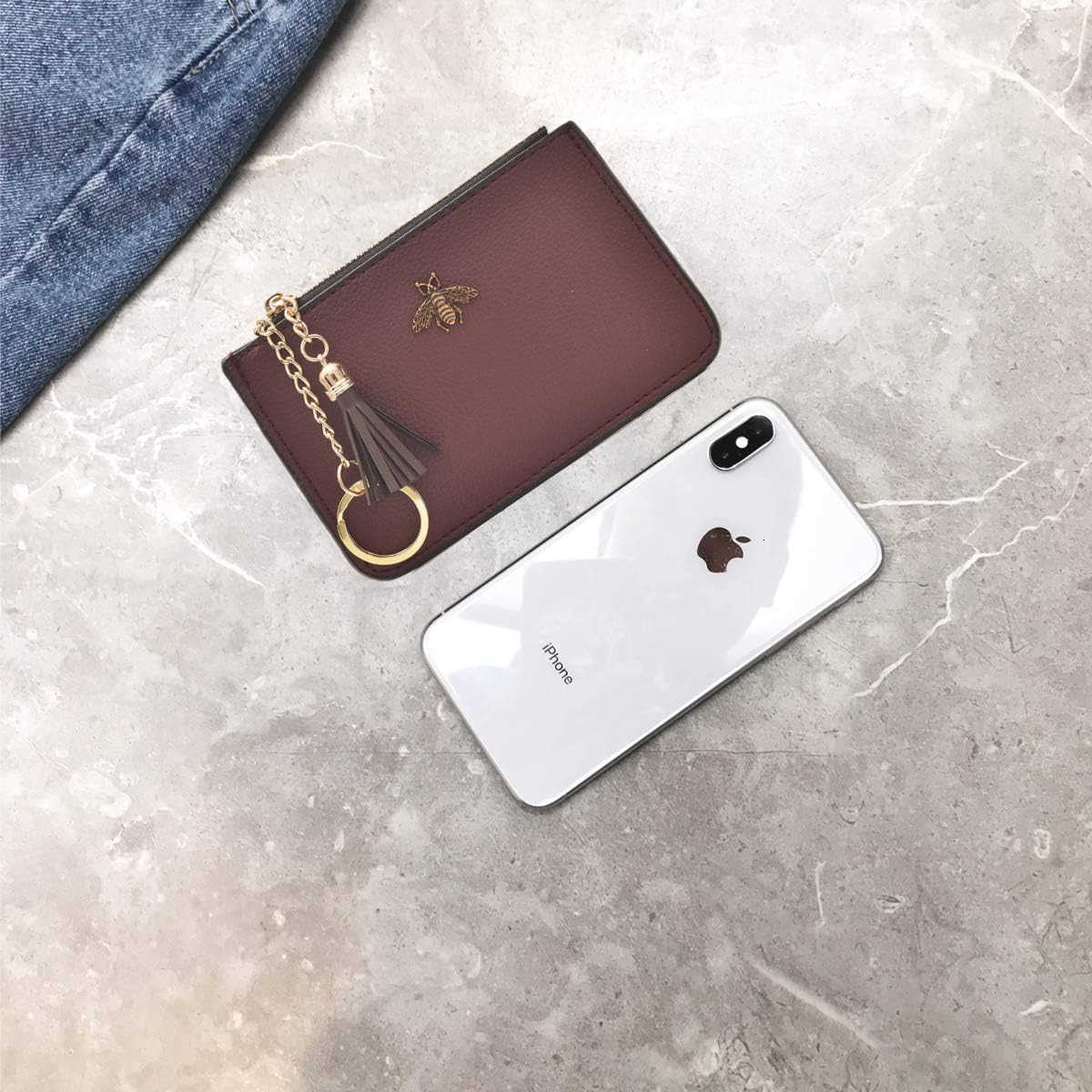 Coin Purse Change Wallet Pouch Leather Card Holder with Key Chain Tassel ZipBurgundyW250911