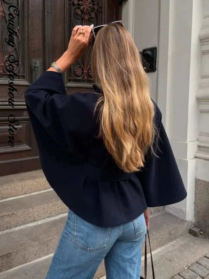 Autumn Lace Up Woolen Jacket Women Solid Stand Collar Single Breasted Long Batwing Sleeve Cape Coat Lady Loose Chic Outwear 250911