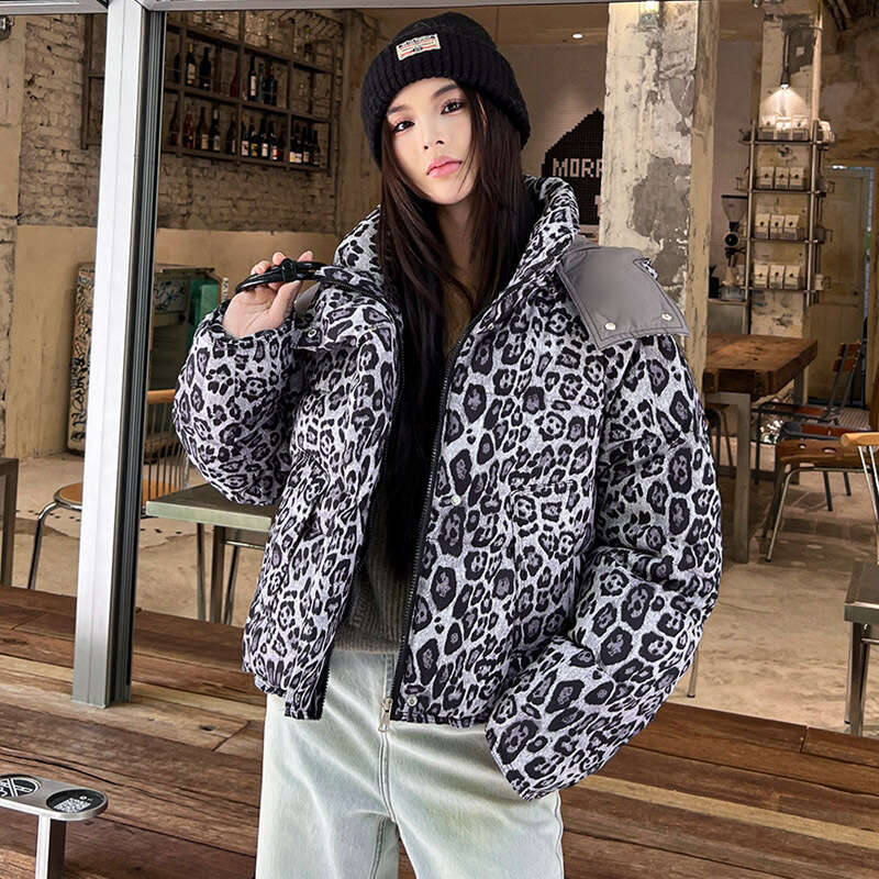 Short Leopard Print Jacket for Women with Hood, Simple Fashion Design, Loose Fit, Unique Cotton Coat