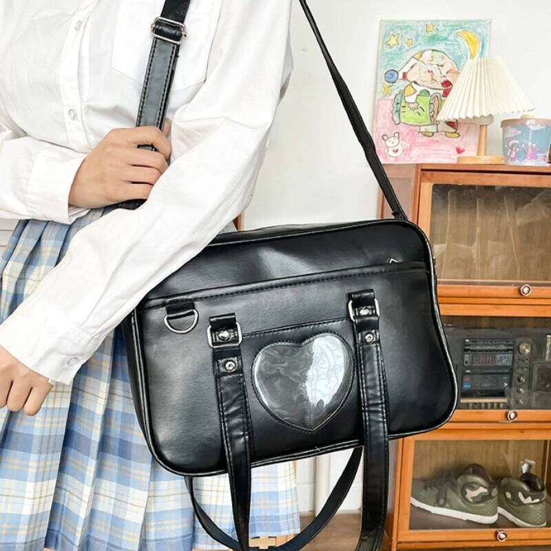 Women Jk School Handbag Large Capacity PU Anime Crossbody Transparent Love Heart Shoulder Uniform Bag For Shopping Commuting