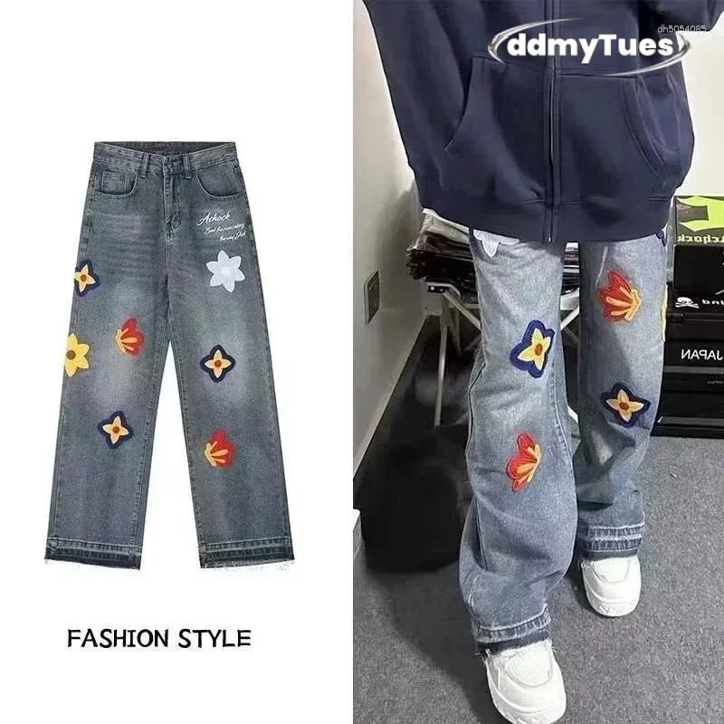 Men's Hoodies Autumn Flower Embroidery Jeans Hip Hop Fashion Baggy Denim Trousers Women's Vintage Streetwear Blue Straight Jean TUES