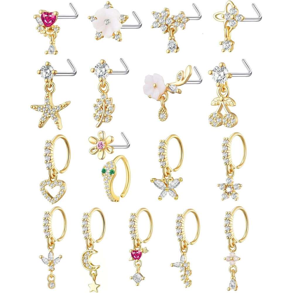 18PCS 20G Rings for Women -9PCS L-Shaped Studs 9PCS Hoops with Charm Dangling | Stainless Steel & CZ Piercing Jewelry(Gold/Sier)| Hypoallergenic 20Gau
