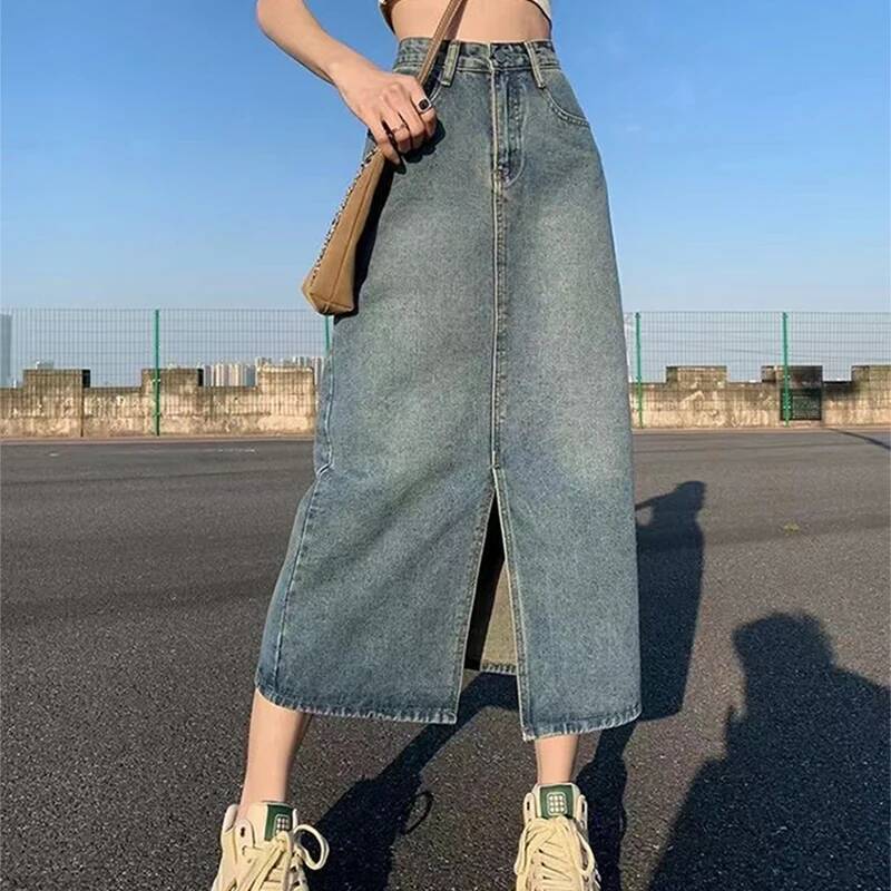 Summer New High-waist Slit Denim For Women Washed Retro A- line Hip-covering Straight Long Skirt dongdumaoyi
